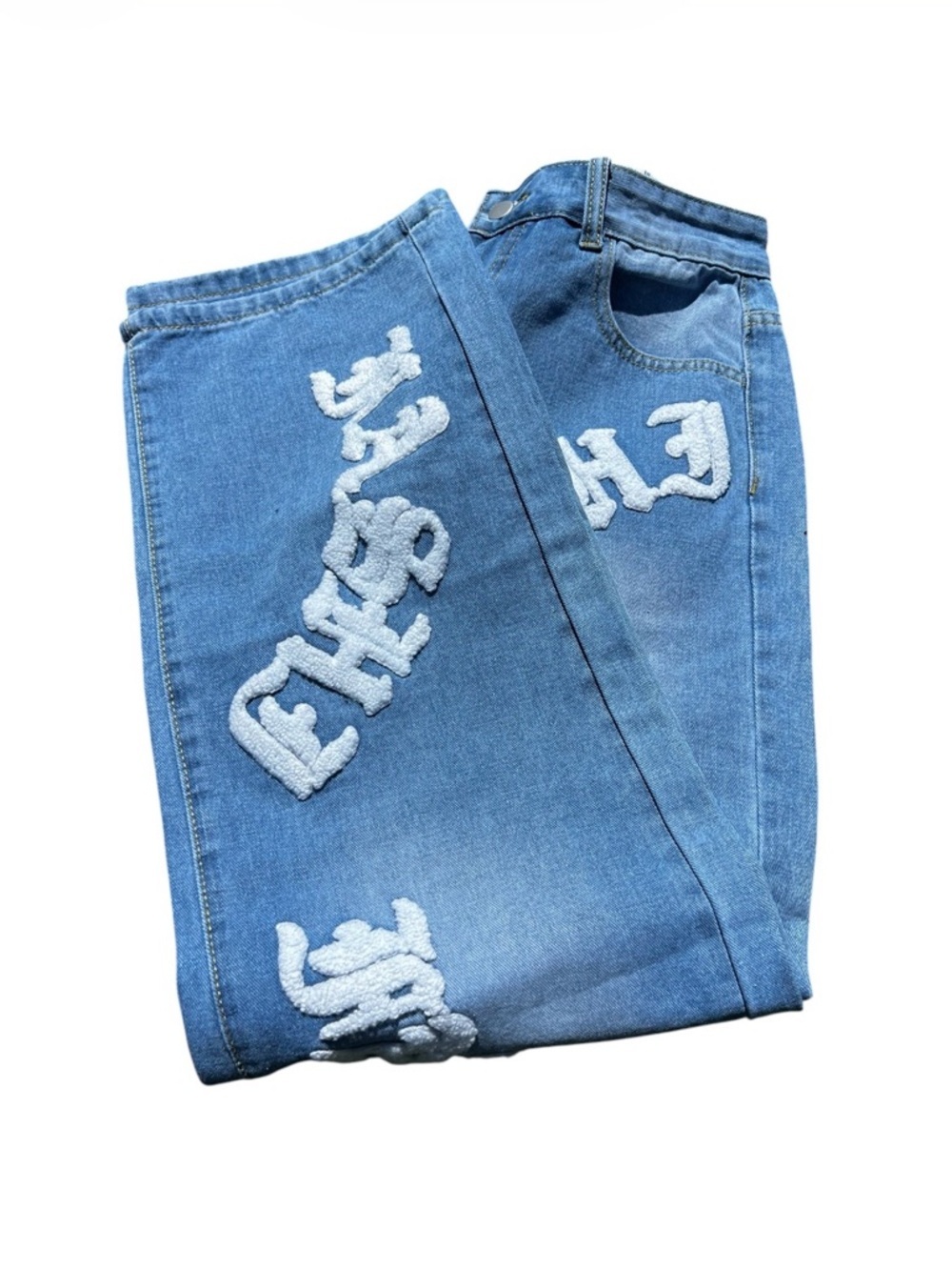 Men's Straight-Leg Blue Denim Jeans with White Graphic Script - Picture 5 of 15